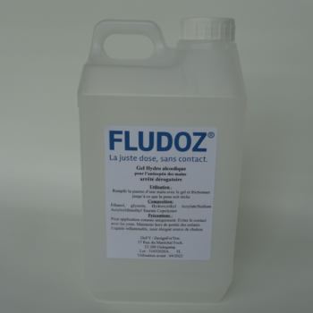 Les bidons de 2 ou 5 litres de gel hydro-alcoolique Fludoz peuvent s'utiliser avec nos distributeurs de gel proposés